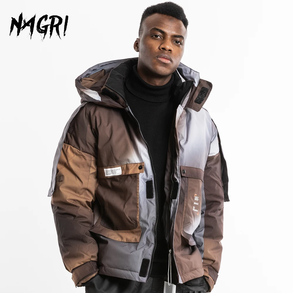 Winter Hooded Down Jacket for Men Gradient Patchwork Hip Hop Streetwear 90% White Duck Down Coat Thick Warm Parka Male Outerwear