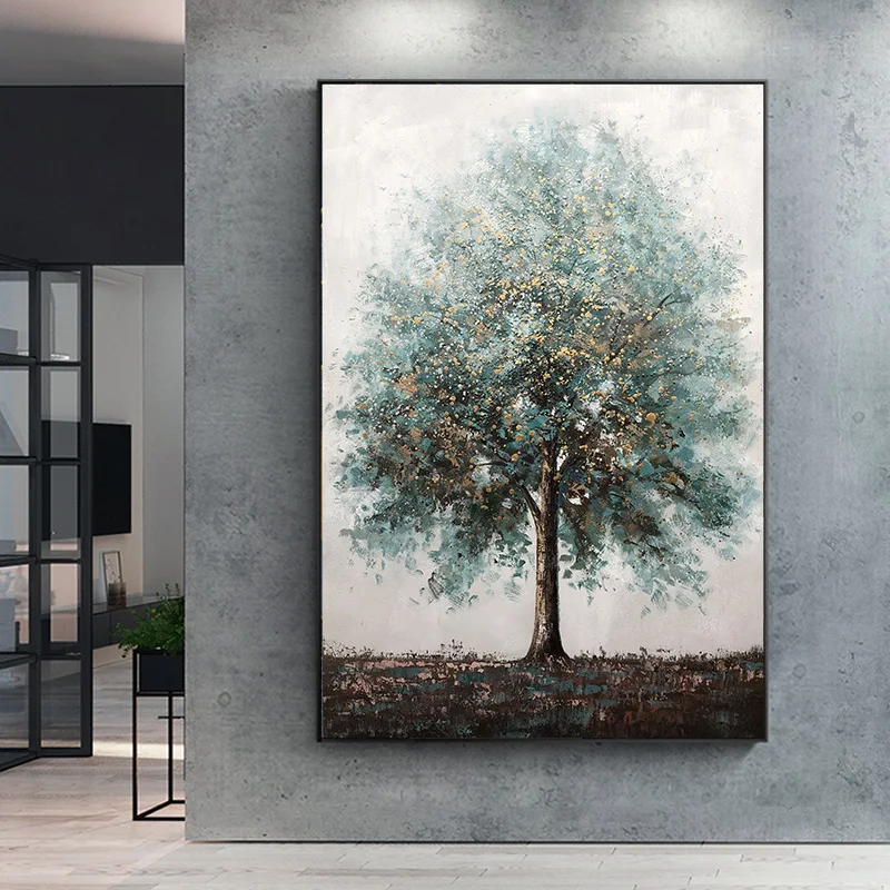 

Hand-Painted 3D Abstract Lucky Teal Blue Fortune Tree Oil Painting Wall Hanging Art Living Room Bedroom Home Office Decor No Fra