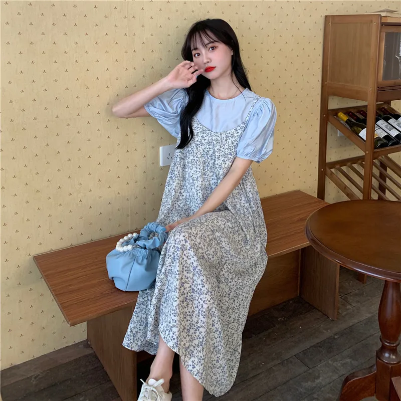 

2021 new summer French retro print waist down slim suspender Chiffon Floral Dress dresses women dresses woman dress