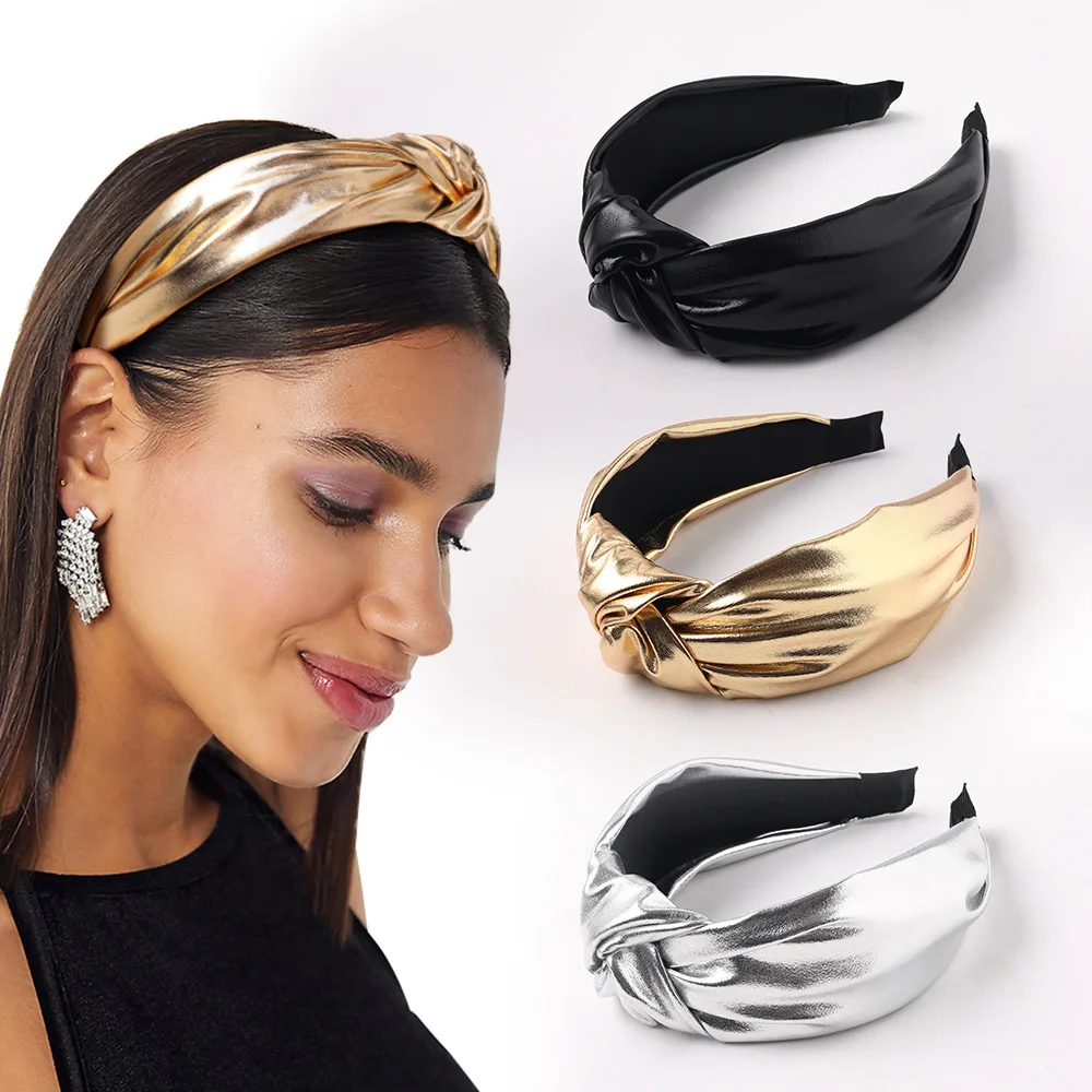 

Women Gold Silver Hair Band PU Leather Headbands Rainbow Top Knotted Girls Hair Band Female Head Hoop Bezel Hair Accessories