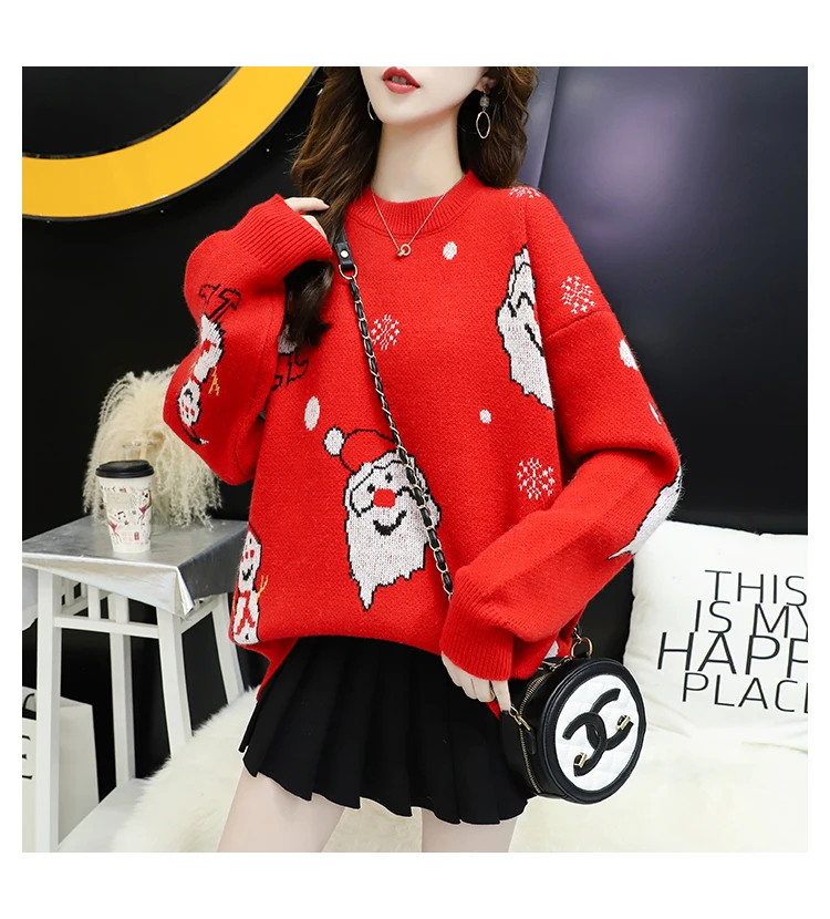 Женский Рождественский свитер H.SA красный свободный с рисунком снежного человека