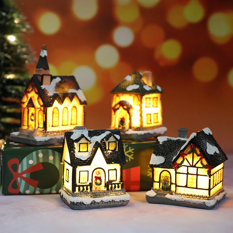 

Christmas Village Led Light Resin House Desktop Decor Statue House Tree Snow Country Christmas Ornaments Gifts for New Year 2022