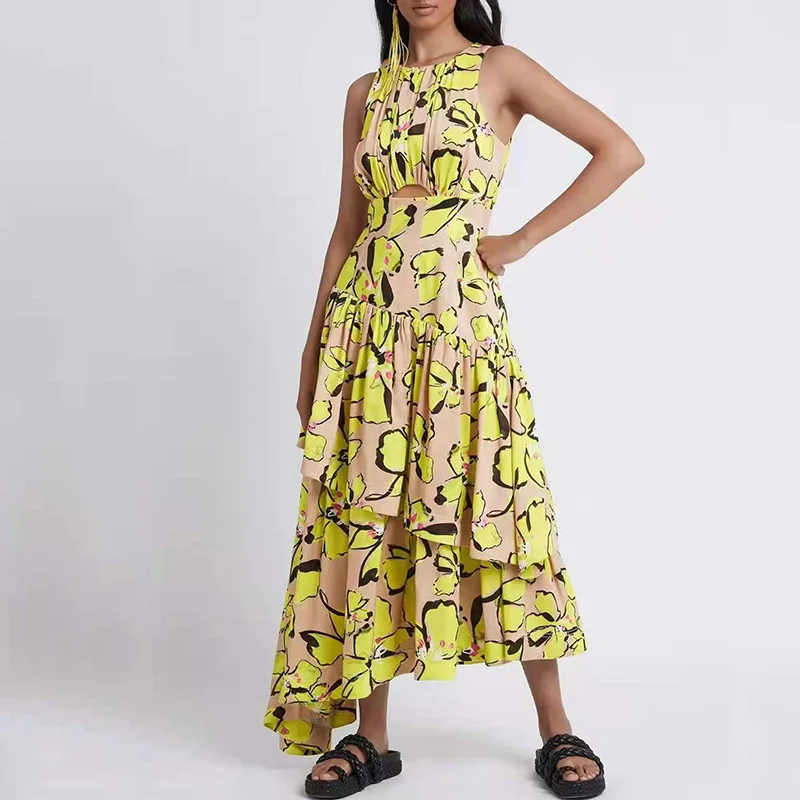 

Hot sale Holiday irregular wind dress 2022 summer new sleeveless printing careful machine stitching high waist big swing dress