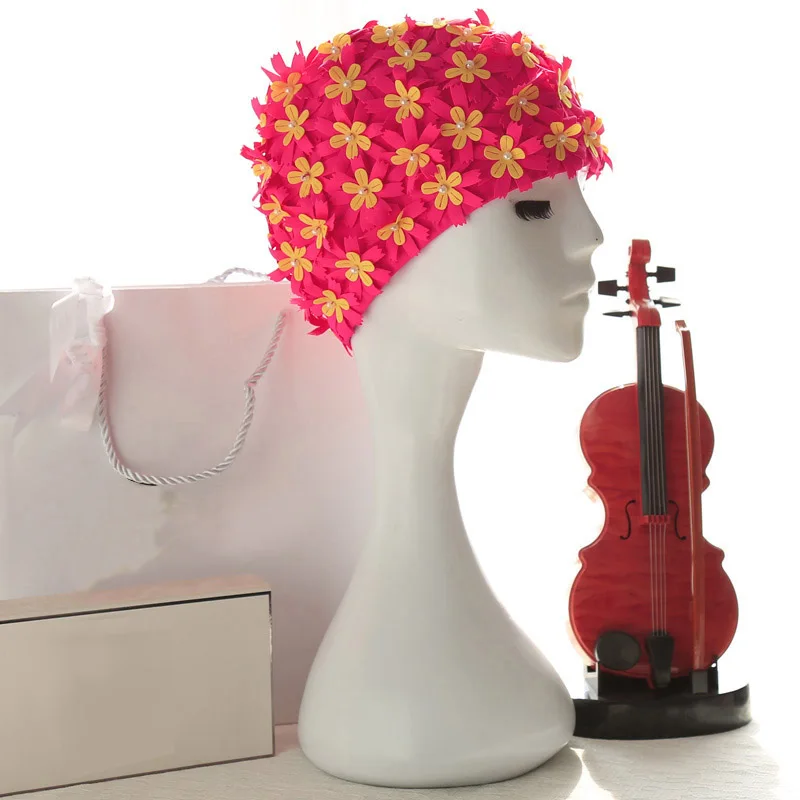 

Female Swimming Caps 3D Flower Pearl Ear Protection Swimming Caps
