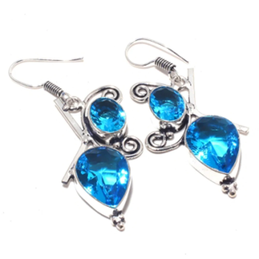 

Голубой топаз, серебристые Многослойные медные серьги, 52 мм, E3733