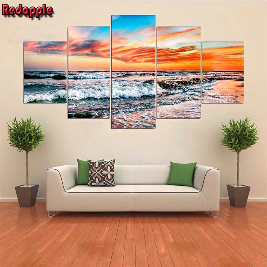 

5 панелей, алмазная живопись, полный вид на море, пейзаж, домашний декор, картина Стразы волны закат, вышивка крестиком, рукоделие