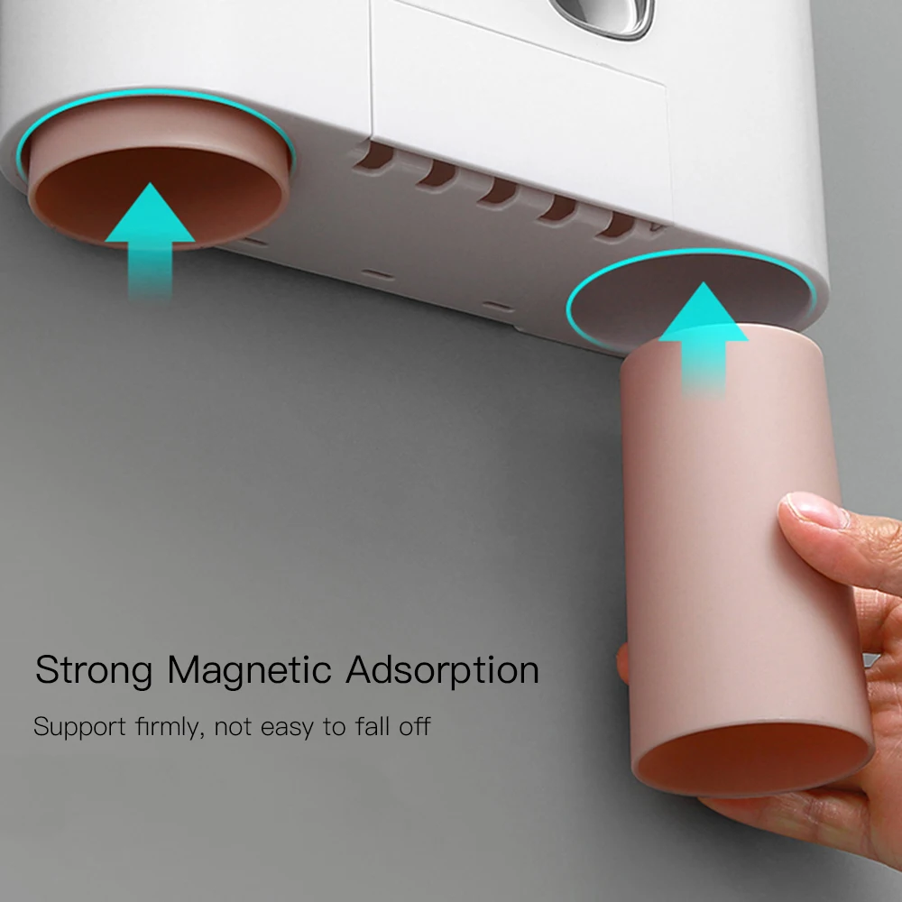 

Toothbrush Holder Automatic Toothpaste Dispenser Wall-mount Bathroom Storage Rack with 4 Toothbrush Cups Bathroom Product