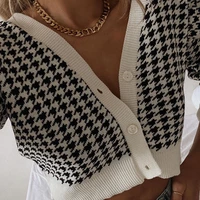 elegant chic houndstooth embroidery retro crop top cardigan women v neck korean fashion sweater y2k casual sexy womens sweater