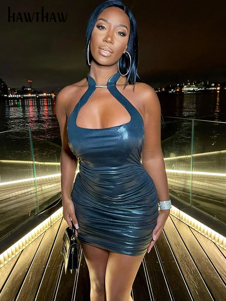 

Женское сексуальное облегающее платье Hawthaw из искусственной кожи с лямкой на шее, Черное мини-платье на бретелях, летняя одежда 2022, оптовая п...
