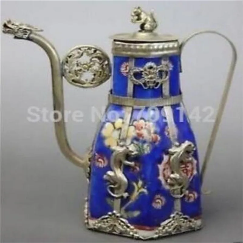 

Китайский тибетский серебристый латунный коллекционный чайник | Фарфор Дракон, украшение для сада 100% Настоящее тибетское серебро
