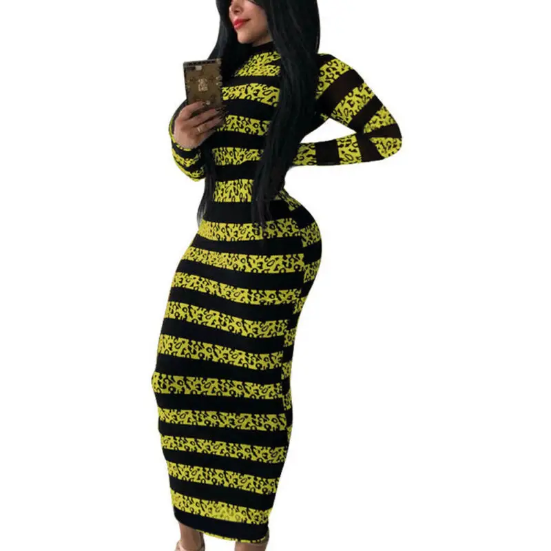 

Women Ladies Stripe Leopard Print Slim Fit Long Sleeve Casual Winter Maxi Dress