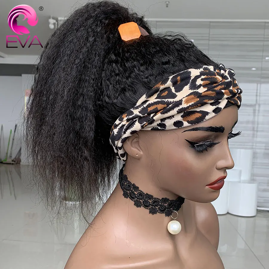 Eva Human Hair Headband Wig Kinky Straight Human Hair Wigs For Black Women No Glue Full Machine Wig Brazilian Remy Scarf Wig