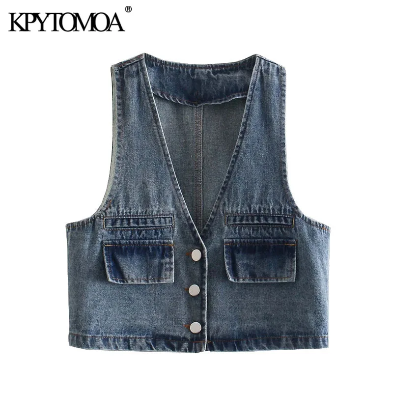 

Женский Джинсовый укороченный жилет KPYTOMOA, винтажный жилет с карманами, V-образным вырезом, без рукавов, 2021