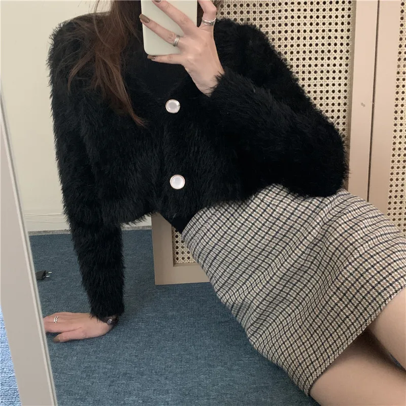 

Autumn Knit Female Cardigan Loose Streetwear Plush Short Sweater Cardigans Print V Neck Knitted Tops Pull Femme Korean Fashion