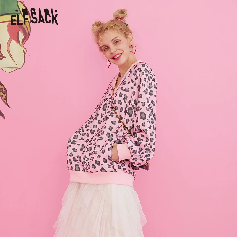 ELFSACK розовые женские свитшоты с леопардовым принтом осень 2019 новинка v-образный