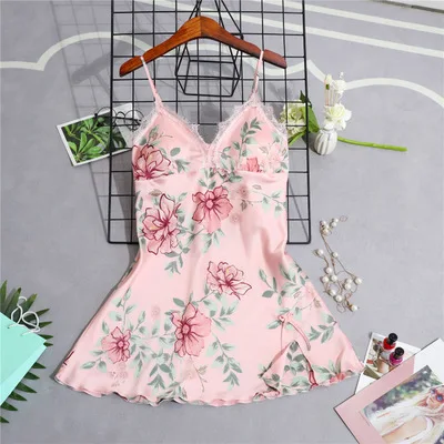 pink dress Daeyard женские пижамы Шелковый Цветочный комбинезон с принтом 5 шт. пижамный комплект атласная пижама сексуальная пижама с кружевами Ночная Рубашка домашняя одежда - Цвет: pink dress
