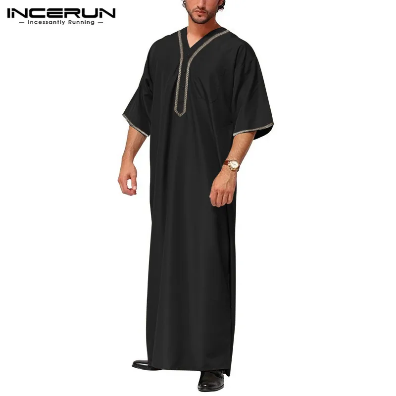 

INCERUN Islamic Arabic Kaftan Men Half Sleeve Solid Color V Neck Muslim Clothes Vintage Casual Middle East Dubai Men Jubba Thobe