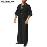 incerun islamic arabic kaftan men half sleeve solid color v neck muslim clothes vintage casual middle east dubai men jubba thobe