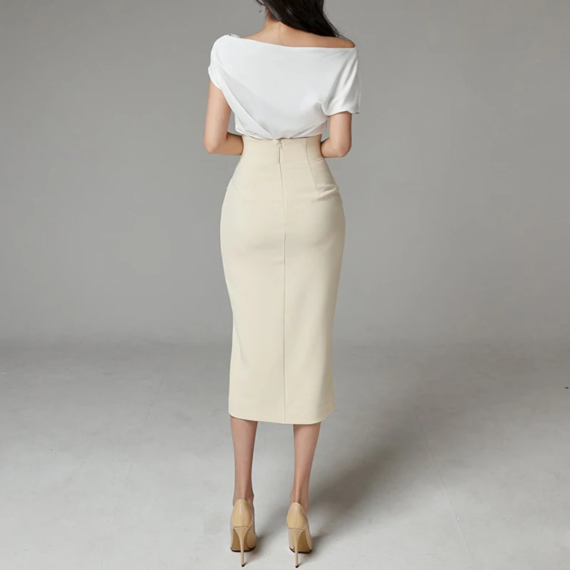 

Spring Korean Women Elegant OL Retro Sexy Off-Shoulder T-Shirt Short Blazer Long Sleeve Suits High Waist Split Skirt 3 Piece Set