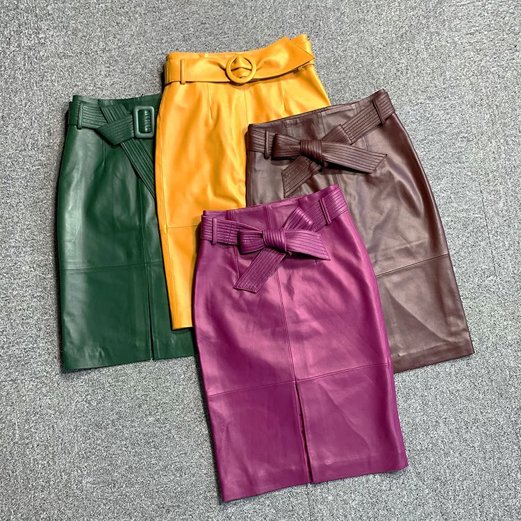 

Women's elegant Autumn Leather Belt Pencil Skirt High quality Genuine leather OL skirt A870