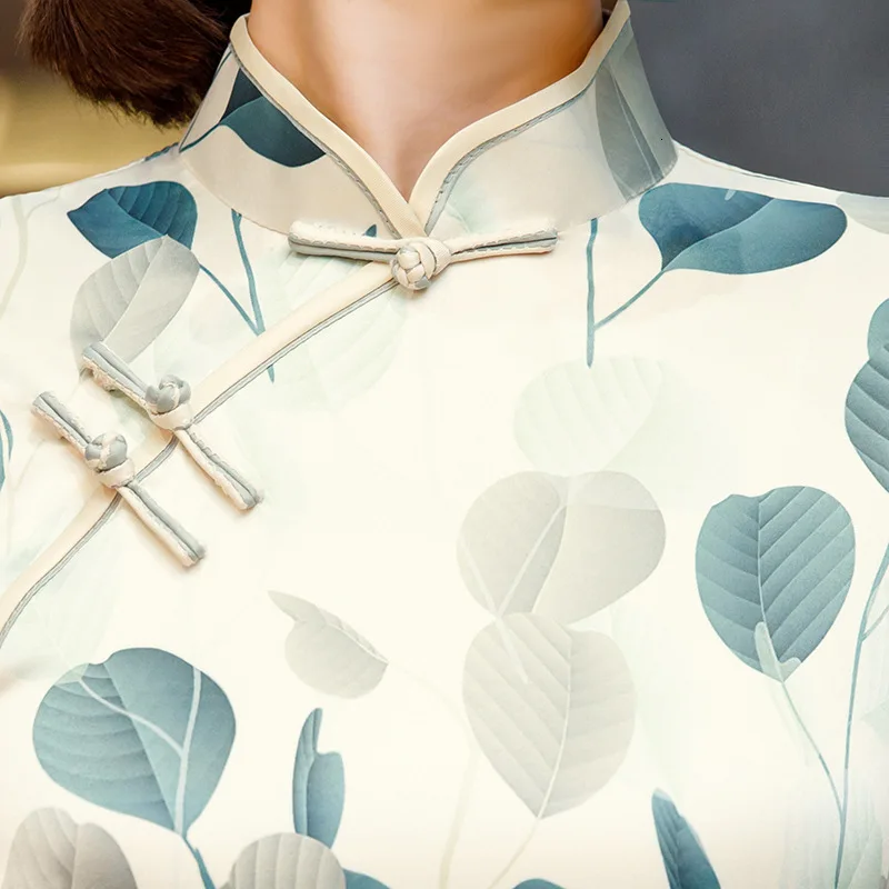 Sheng Coco Новое поступление китайское платье летнее с принтом листьев Ципао