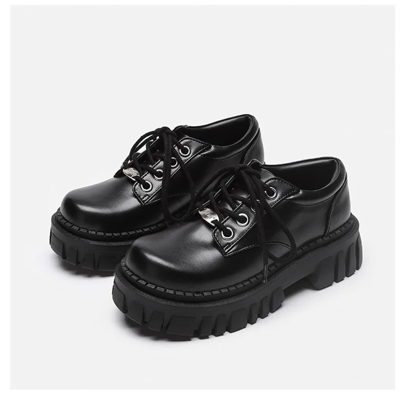 

Женские повседневные туфли-оксфорды на платформе, черные кожаные туфли на шнуровке, модные Прошитые Туфли с круглым носком и толстой подошв...