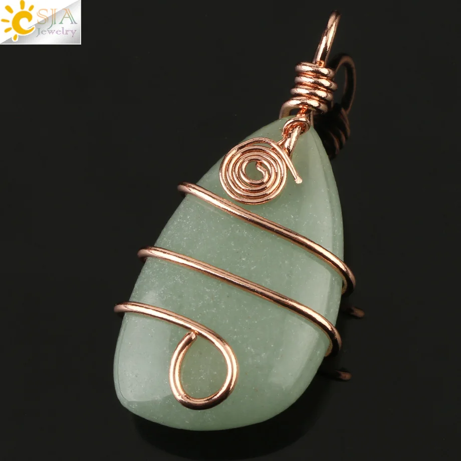 Green Aventurine CSJA натуральный камень медная проволока обертывание кулон неправильная Геометрическая бусина розовое золото цвет ожерелье для женщин мужчин Исцеление ювелирные изделия G196 - Окраска металла: Green Aventurine