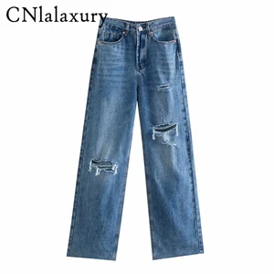 CNlalaxury Women 2022 Chic Fashion Ripped Hole Wide Leg Jeans Vintage High Waist Zipper Fly Female D in USA (United States)
