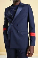 double breasted men suits navy blue groom tuxedos peak lapel groomsmen 2 pieces set wedding jacket pants bow tie d406