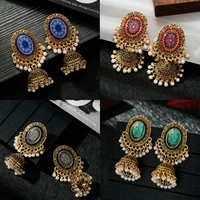 classic ethnic blue flower jhumka earrings for women vintage boho indian jewelry gold color bell tassel dangle earrings 2021