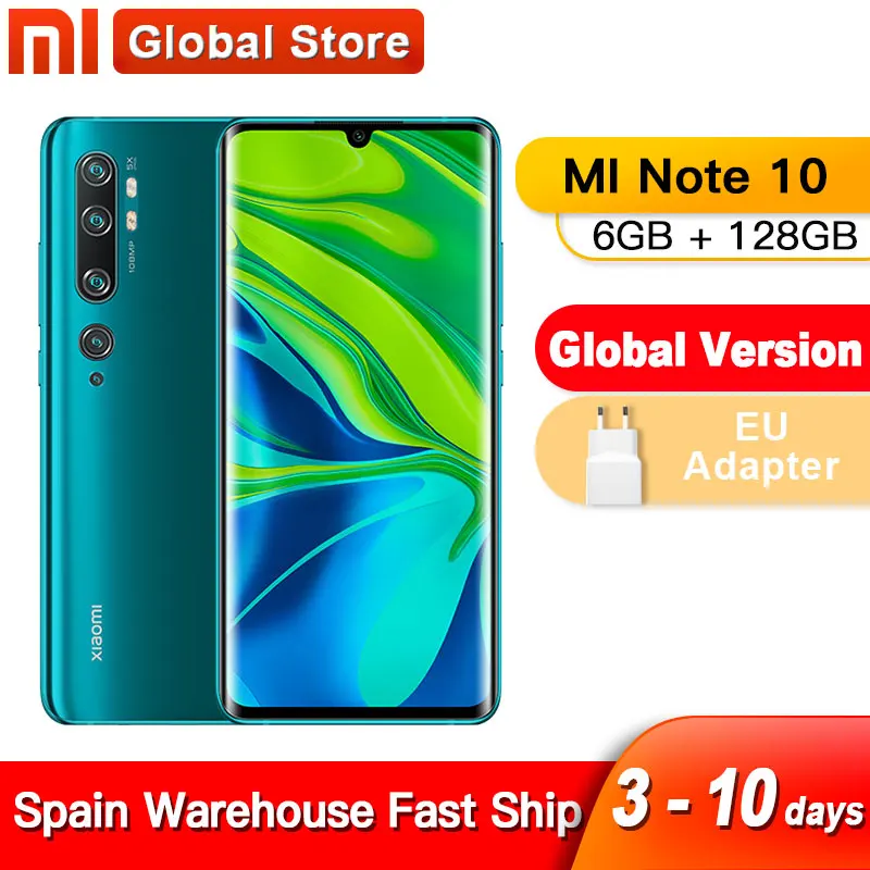 Испания Международная глобальная версия Xiaomi Note 10 6 ГБ 128 108MP Penta камера Smarphone 5260 мАч