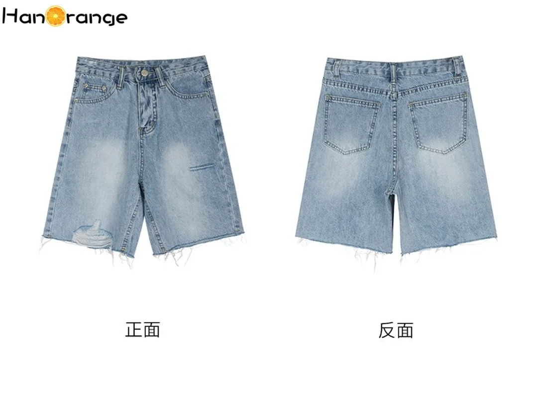 

2021 Summer Women Ripped Raw Edge Denim Shorts Cotton High Waist Straight Knee Length Short Pant Female