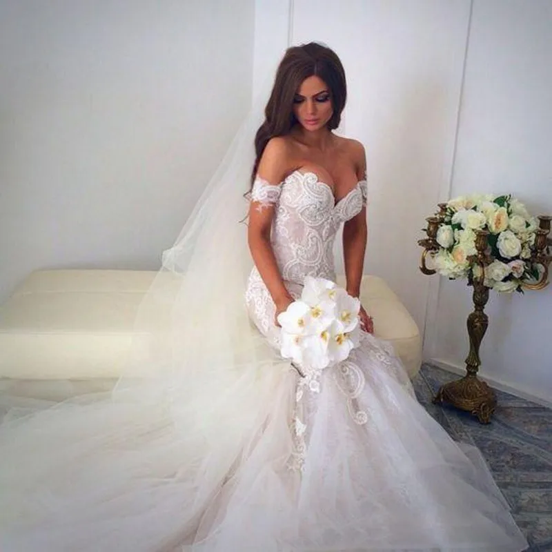 

Retro lace off shoulder wedding dresses sexy sweetheart mermaid tulle bridal gowns floor length backless wedding vestidos