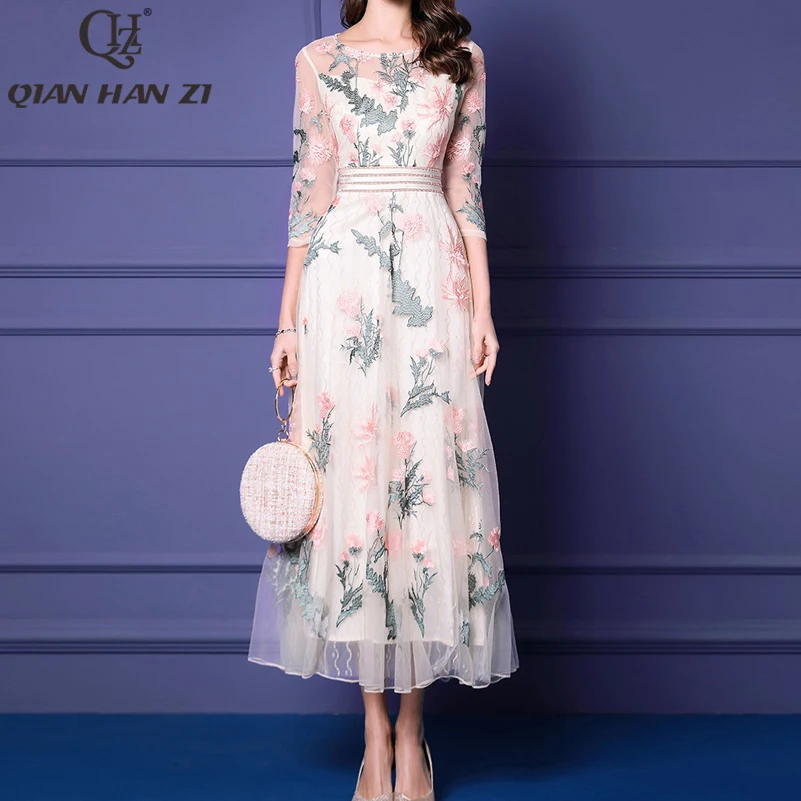 

Qian Han Zi summer fashion runway Maxi dress Womens 3/4 Sleeve Beaded long Dress Elegant mesh embroidered long beach dress