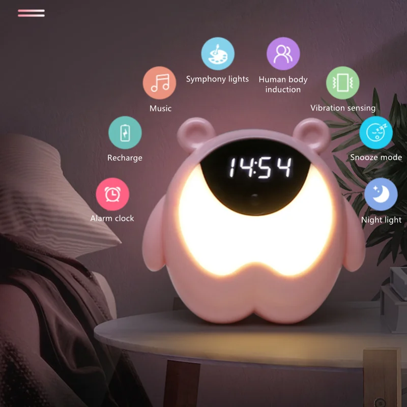 Cute Bear Alarm Clock Time Light Smart Timing RGB Wake-Up Light Motion Sensor Music Bedroom Bedside Decorative Lights  Kid Gift