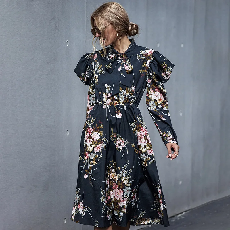 

MOVOKAKA Autumn Winter Fashion Floral Dress Elegant Long Sleeve Dress Women Casual Slim Dresses Party Long Dress Women Plus Size