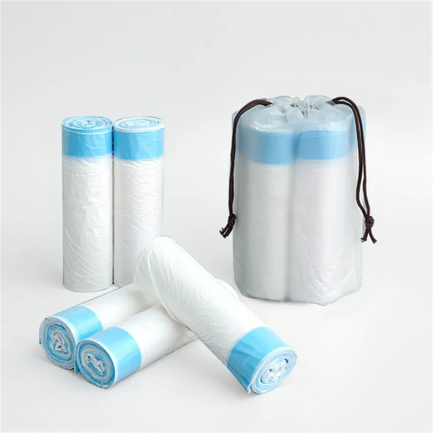 

5 Rolls Portable Stringing Type Garbage Bags Drawstring Trash Bags Kitchen Bathroom Rubbish Sundries Storage Bags 45*50cm