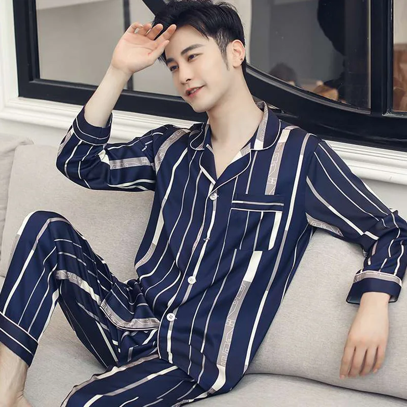 2020 High quality pajamas for men: Spring and Autumn Long sleeve imitation silk for youth: Autumn and winter Home and summer ice