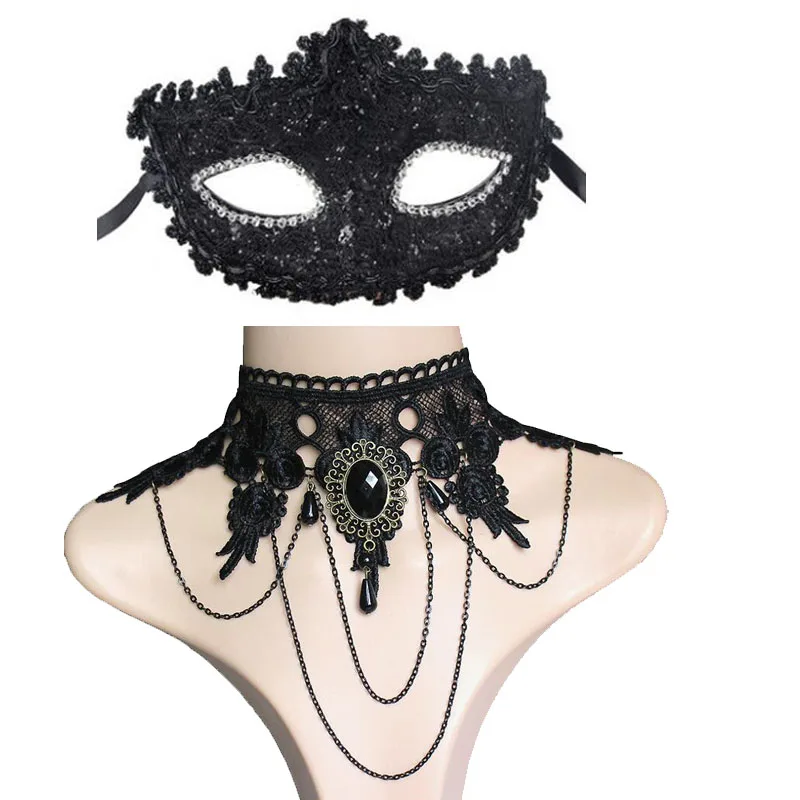 

20pcs Girl Women Black Masquerade Ball Elegant Holiday Carnival Props Venice Mask with Retro Princess Lace Gothic Necklace
