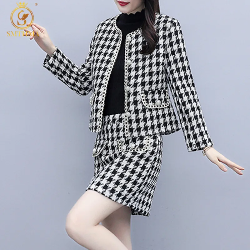 

2021 New Autumn Winter Houndstooth Vintage Two Piece Set Women Short Tweed Jacket Coat + Ladies High Waist Mini Skirt Suits