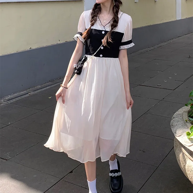 

Plus Size Single Breasted Print Patchwork Chiffon Women's 2021 Summer New Office Lady Casual Solid Color Mid-Length Loose Dress
