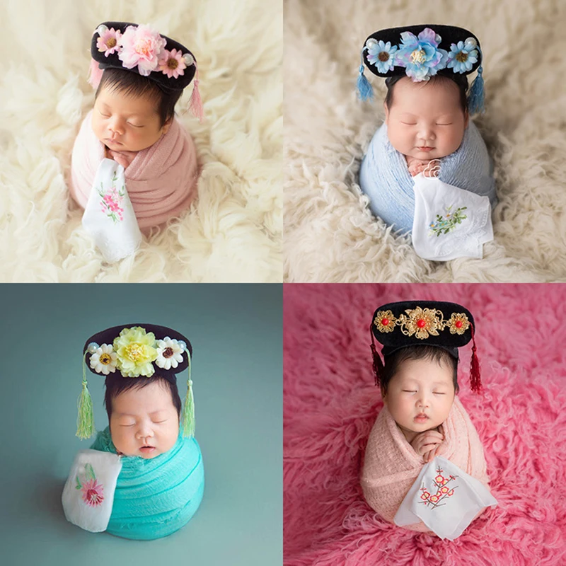 Newborn Baby Photography Props Headwear Chinoiserie Manchurian Headdress Infant Girl Flower Hat Chinese Princess Headwear