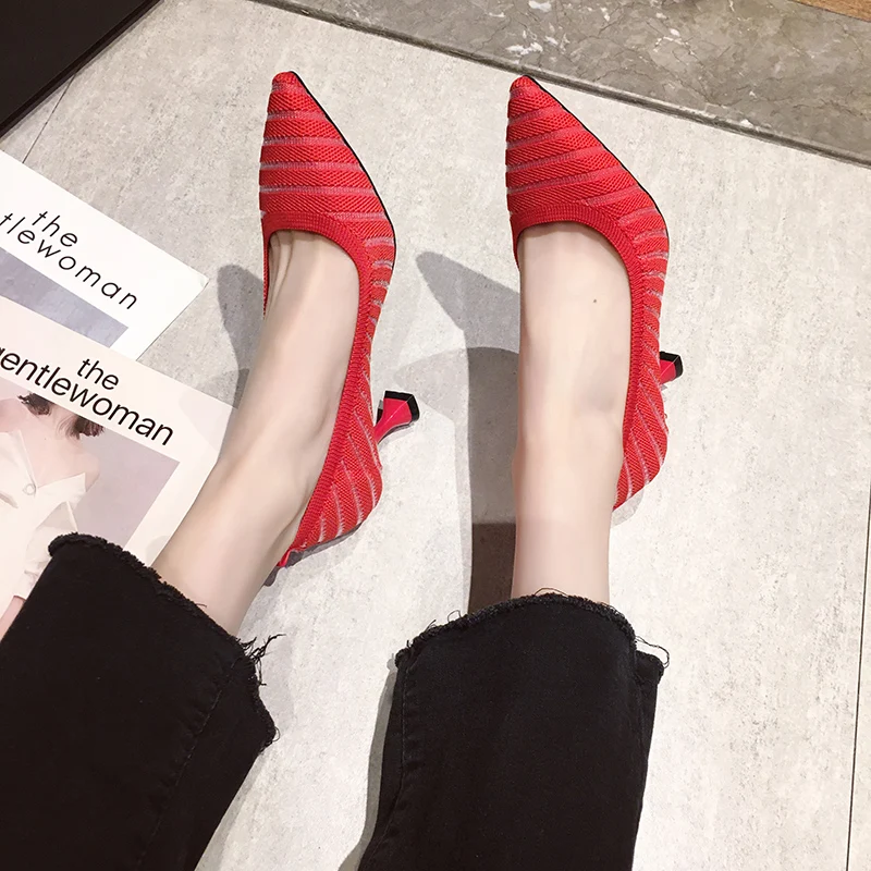 Новинка весна-осень 2020 женские тканевые полосатые туфли на высоком каблуке