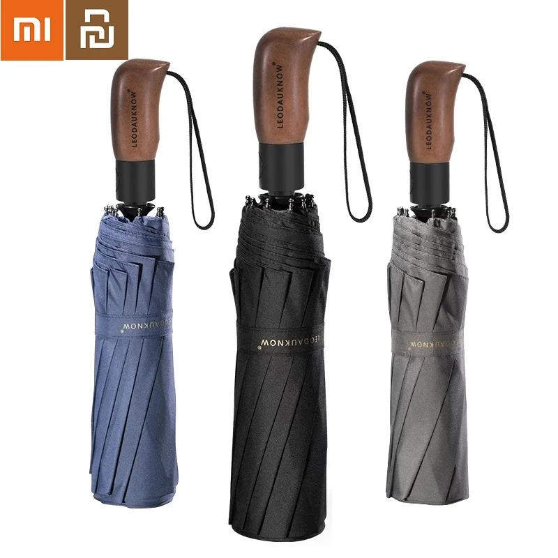 

New Xiaomi Youpin Automatic Business Umbrella Wooden Handheld 10 Ribs Windproof Golf Umbrellas Three Folding Umbrella Top Brand