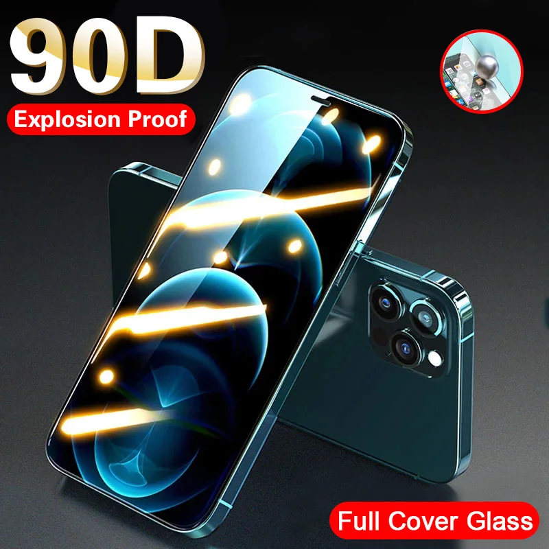 

90D Full Cover Protective Glass on For iPhone 11 12 Screen Protector on iPhone 12 11 Pro Max Xs XR 12 Mini Explosion Proof Glass