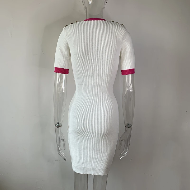 

HarleyFashion Unique Design European Sexy V-neck Double Breasted Constrast Color White Knee-length Quality Casual Knitting Dress