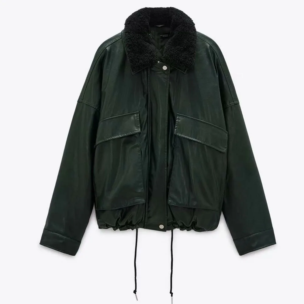 

ZA Women's 2021 Winter New Fashion Thicken Warm Fur Collar Faux Leather Cotton Jacket Stitching Jacket Down Jacket