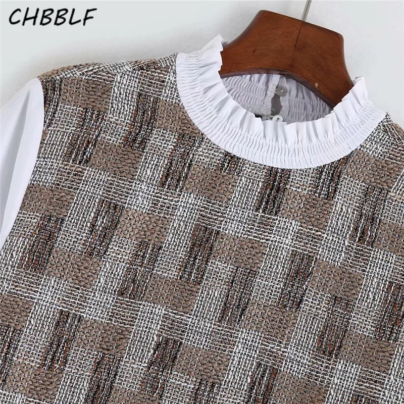 CHBBLF women elegant tweed patchwork blouse long sleeve ruffled collar shirts sweet preppy style female casual chic tops C9716 | Женская