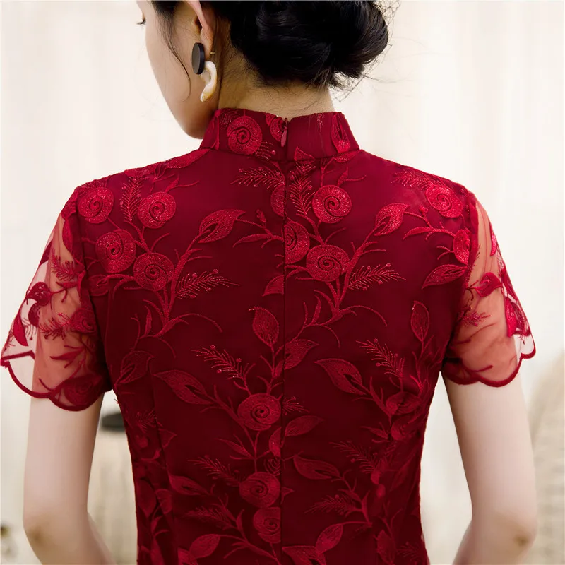 

Wine red Cheongsam wedding evening party qipao red lace dresses