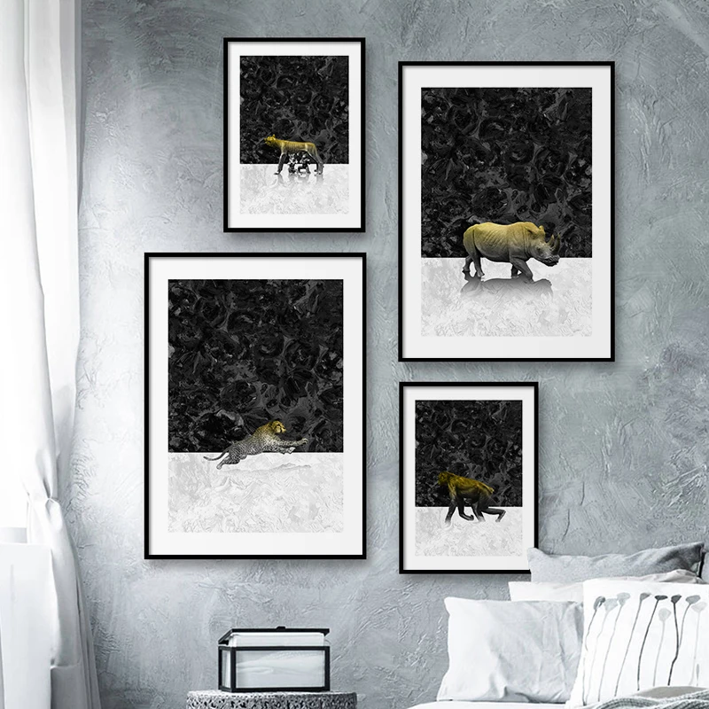 

Nordic Animal Abstract Picture Leopard Rhino Monkey Canvas Poster Print Wall Art Painting Modern Living Room Home Decor